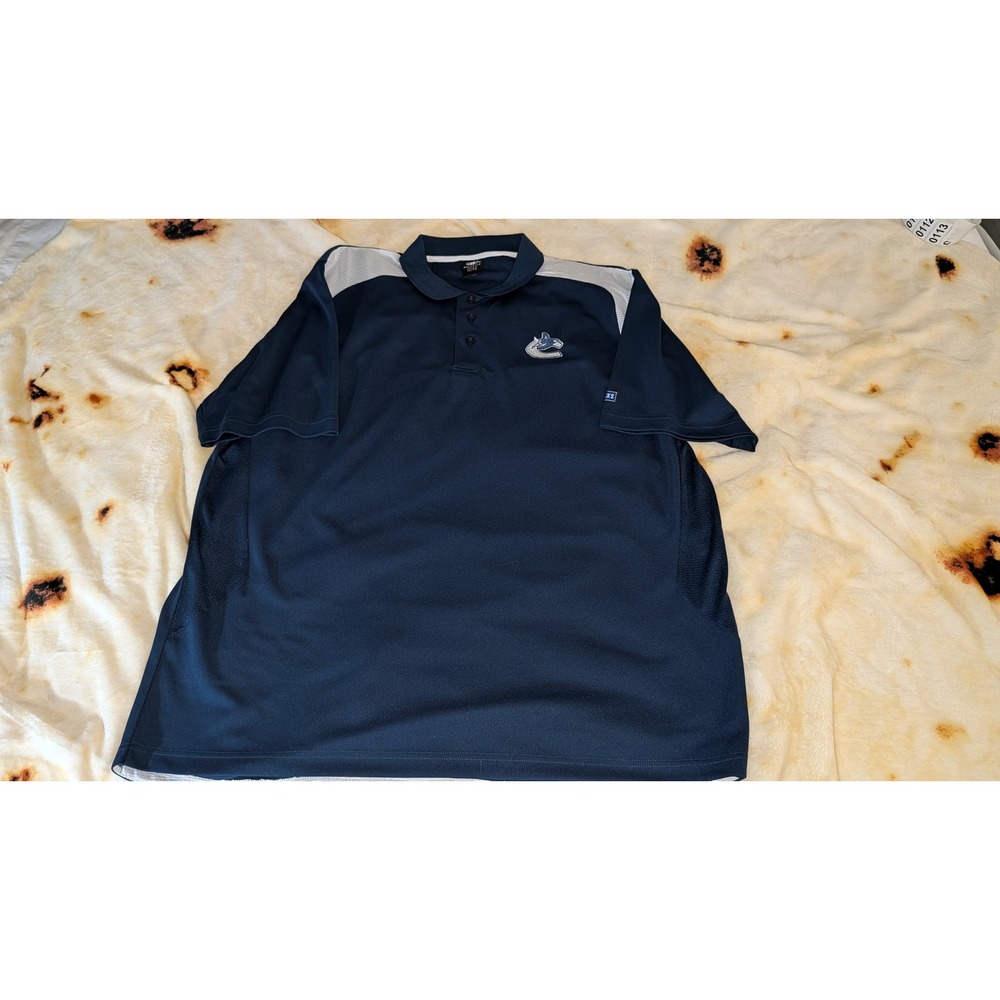 Bulletin‎ Vancouver Canucks NHL Polo Shirt Navy Blue Grey Mens XL Embroidered